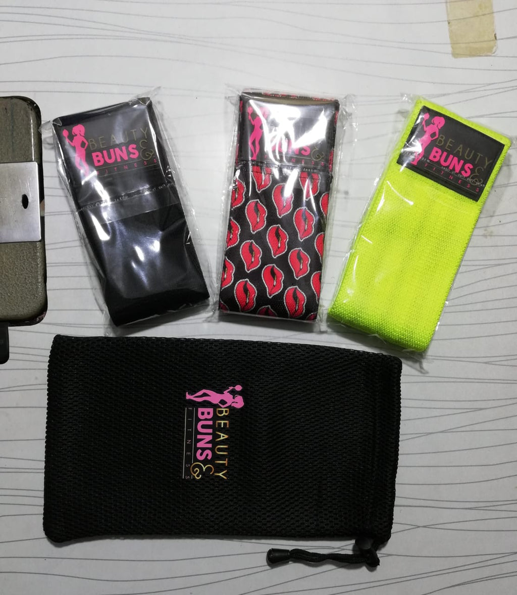 3pc Resistance Band Set with 3 different levels Black level 2, Lips level 4, and neon yellow level 5 with mesh bag